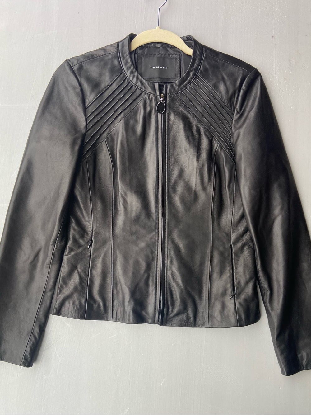Tahari Black Leather Quilted-Panel Zip Front Jacket